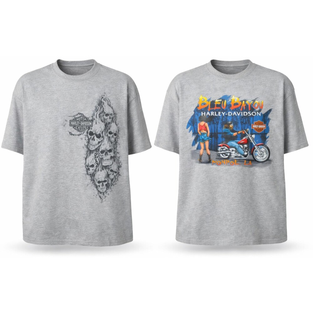 HARLEY DAVIDSON T Shirt Burning Skulls Bleu Bayou LA XL Gray 2009